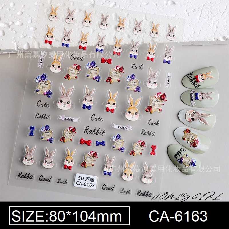 Sticker nail 5d lụa nổi | gấu teddy & thỏ | hình dán móng tay ca