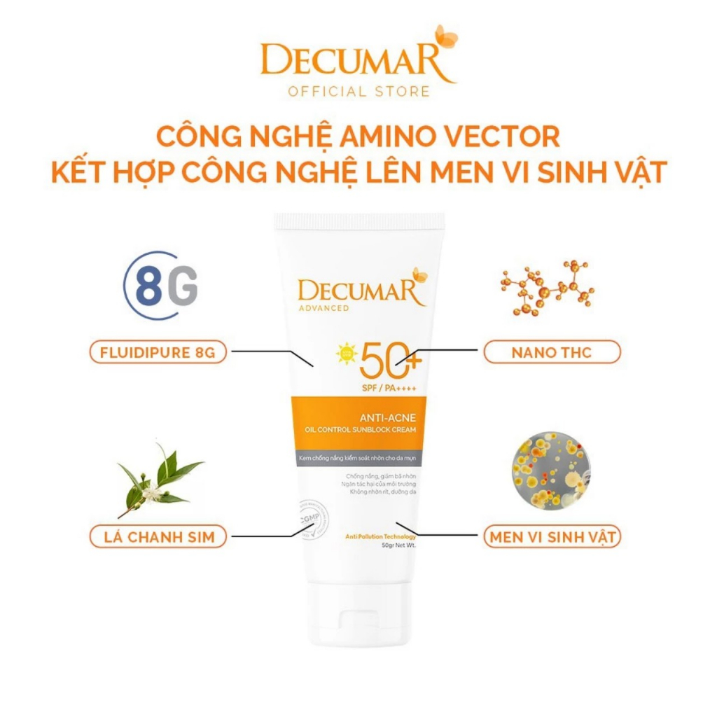 Kem chống nắng DECUMAR ADVANCED kiểm soát nhờn cho da mụn, ngừa mụn (Tuýt 50g)