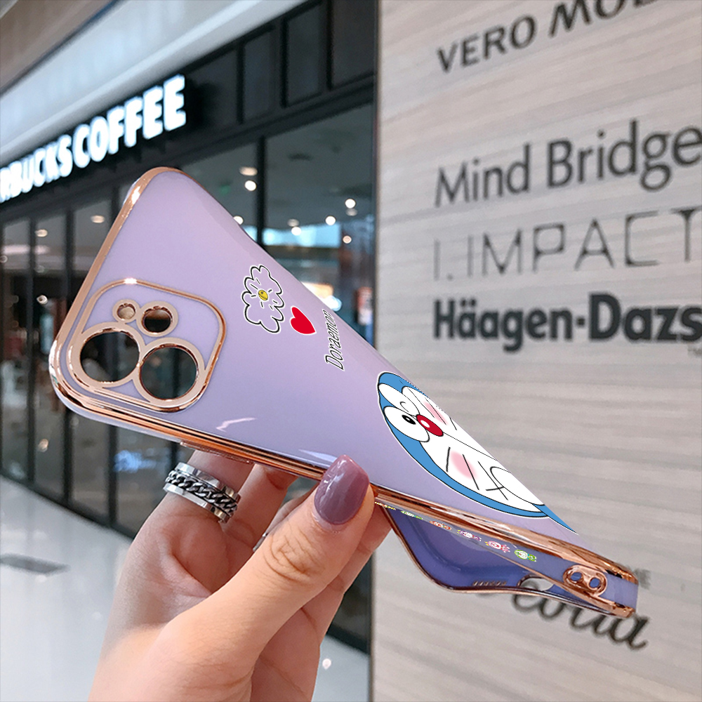 (Free Lanyard) For Realme 12 Pro Plus 5G C65 Realme Note 60 Back Cover Cute Cartoon Doraemon Square Edge Pattern Cover Luxury Plating Soft Phone Case.