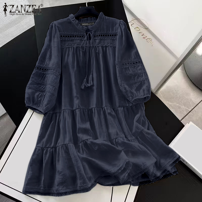 ZANZEA%20Women%20Vacation%20O%20Neck%20Tassel%20Lace%20Up%20A-Line%20Dress%20Lace%20Splicing%203/4%20Lantern%20Sleeve%20Solid%20Midi%20Dresses%20-%20Image%203