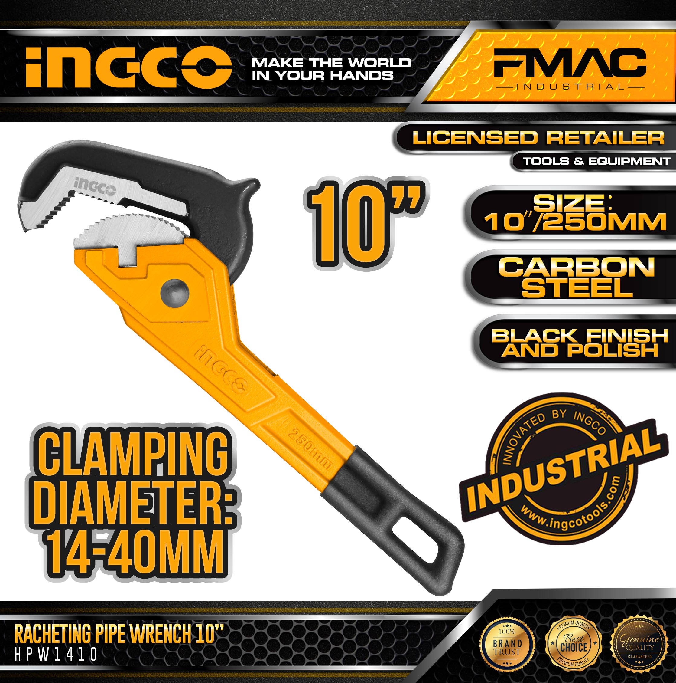 INGCO Industrial Ratcheting Pipe Wrench 10" 250mm Max Clamping 40mm HPW1410 FMAC⭐⭐⭐⭐⭐ Lazada PH