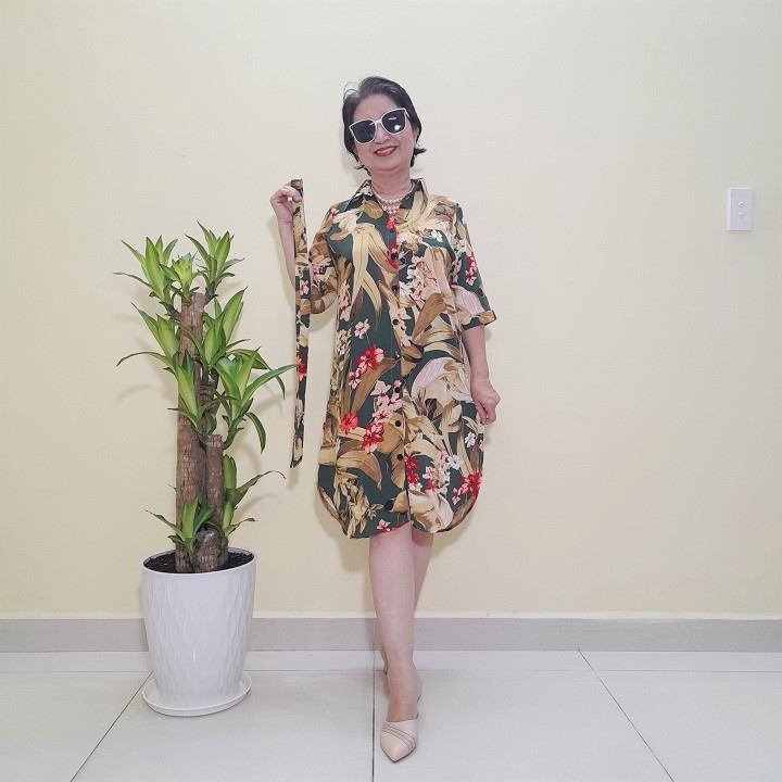 Đầm Trung Niên - Kiểu Sơ Mi  - Vải Lụa Đũi - Size 48KG - 75KG