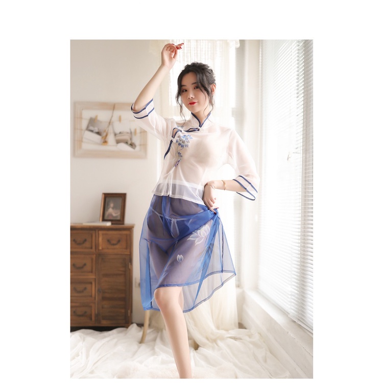 Váy ngủ cosplay sườn xám sinh viên trung hoa xanh 341