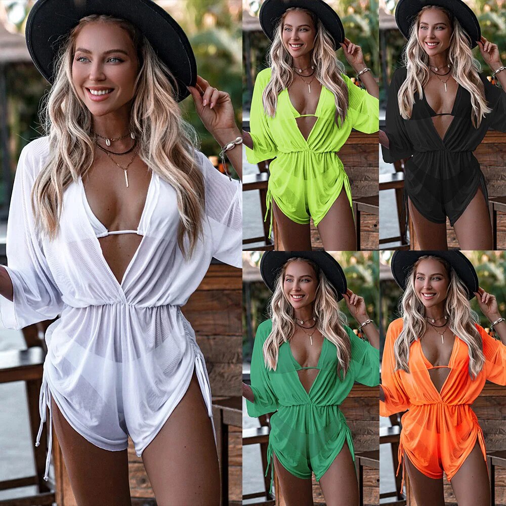 Plain Halter Triangle Bikini Swimsuit With Drawstring Side Plunging Neck Cover Up Romper Beachwear Bikinis Set