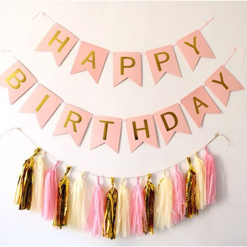 Dây cờ Happy birthday màu hồng happy birthday bunting upkp43