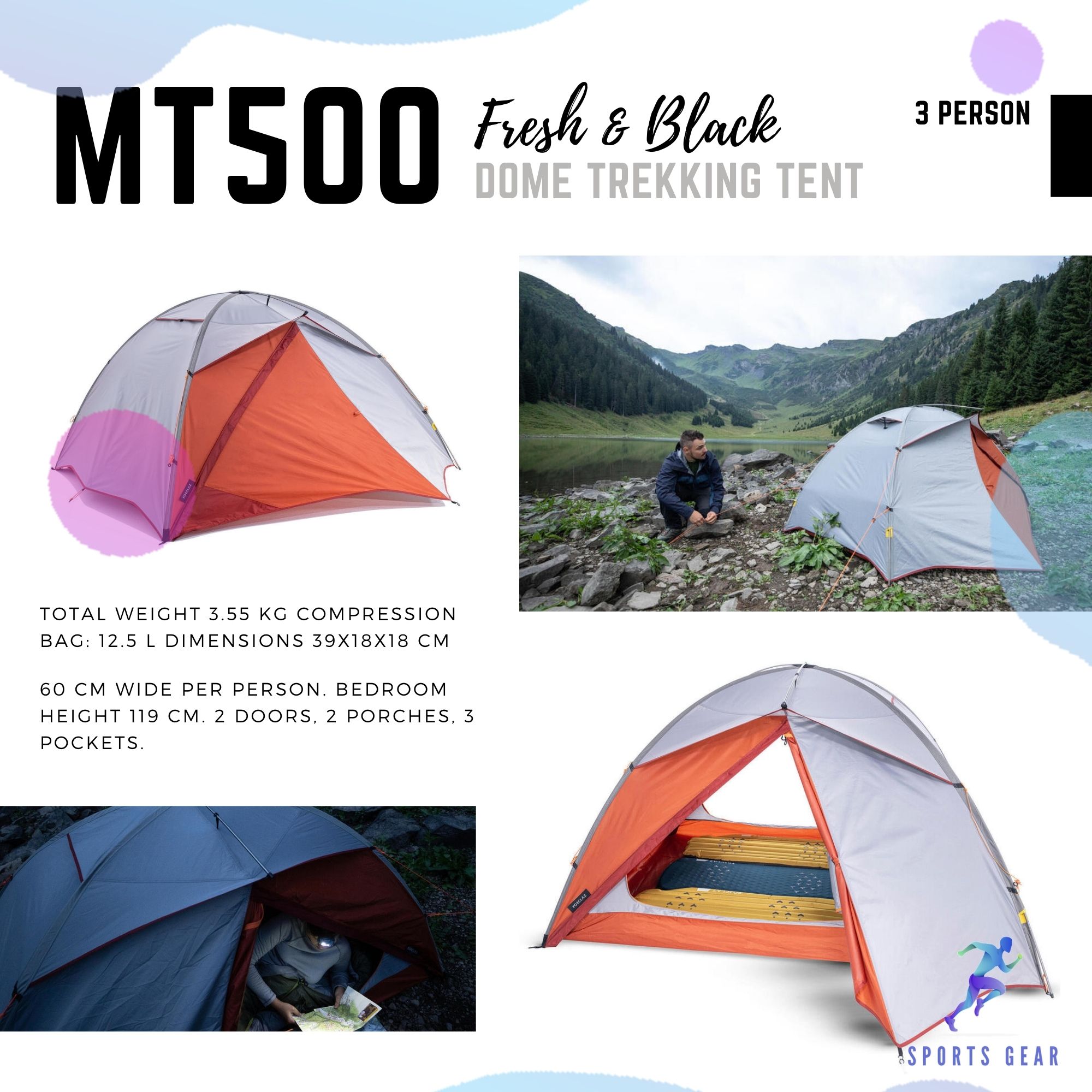 FORCLAZ เต็นท์ตั้งอิสระ สำหรับ 3 คนเพื่อการเทรคกิ้ง 3 ฤดูรุ่น Trek 500