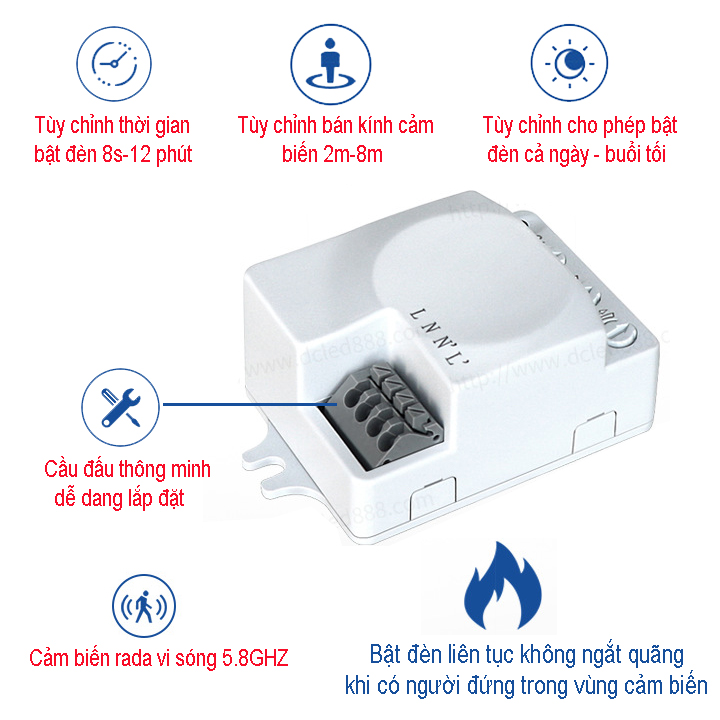 Công tắc cảm biến chuyển động vi sóng 5.8GHZ bật tắt đèn khi có người qua-cảm biến xuyên tường, nhựa, kính mỏng: