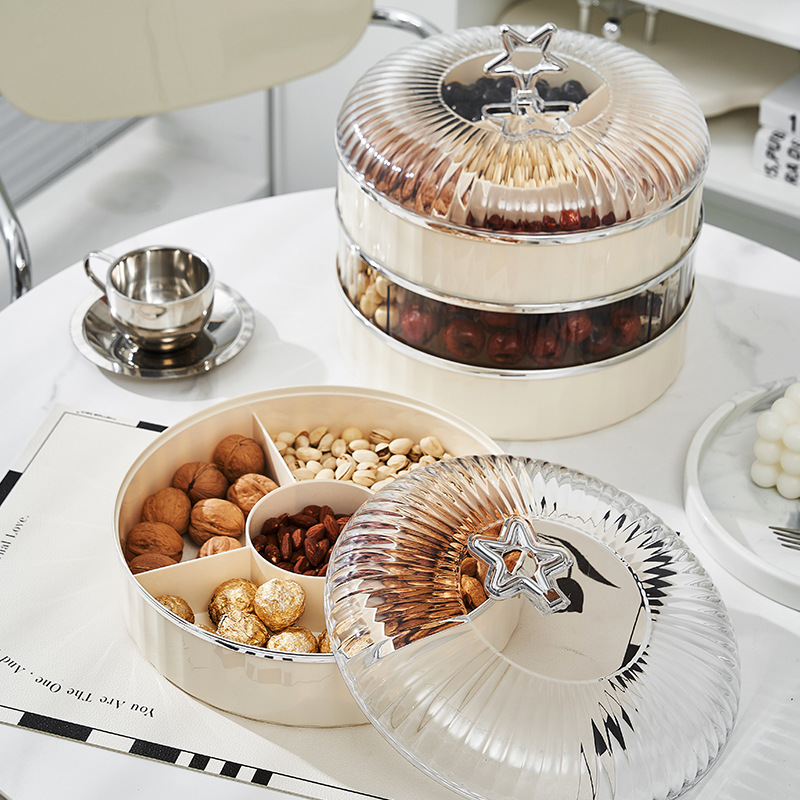 Light luxury fruit box, household multi-layer fruit plate, divided grid, cream air-dried fruit box with lid, living room, nut candy box, snack box