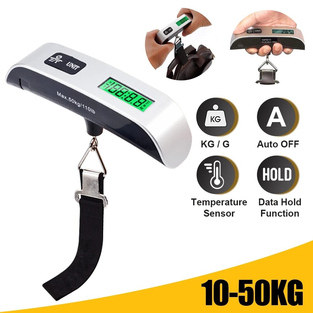 Digital Electronic 7051 LCD Luggage Scale Pocket Weighing Scales Travel Hook Hanging Thermometer 50kg