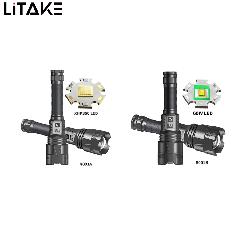 60W XHP360 Powerful Handheld Flashlights Digital Power Display IPX4 Waterproof Strong Light Long Range Outdoor Camping Flash Light Torch