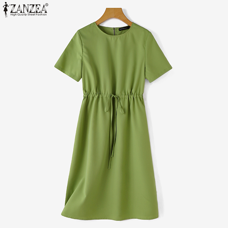 ZANZEA%20Korean%20Style%20Womens%20Casual%20O%20Neck%20Drawstring%20Lace%20Up%20Dress%20Elegant%20Short%20Sleeve%20Solid%20Knee%20Length%20Dresses%20-%20Image%206