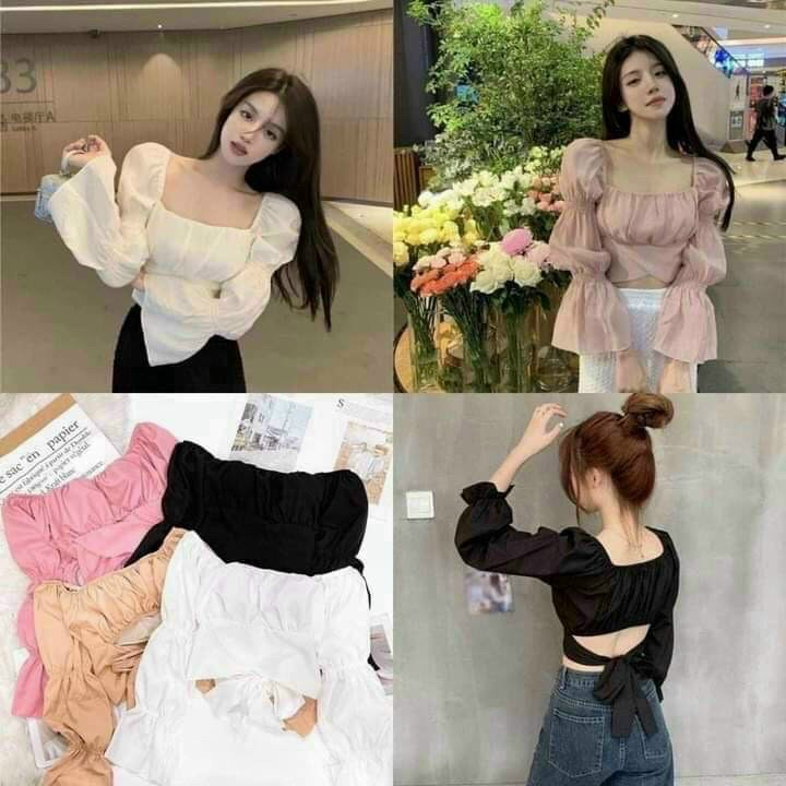 Áo voan kiểu nữ nhún xêp ly tay phồng cột nơ hở lưng nhiều màu