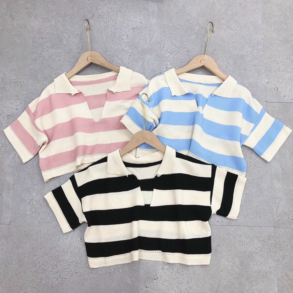 Áo Len Croptop Kẻ Cổ Đức Hàng Qc