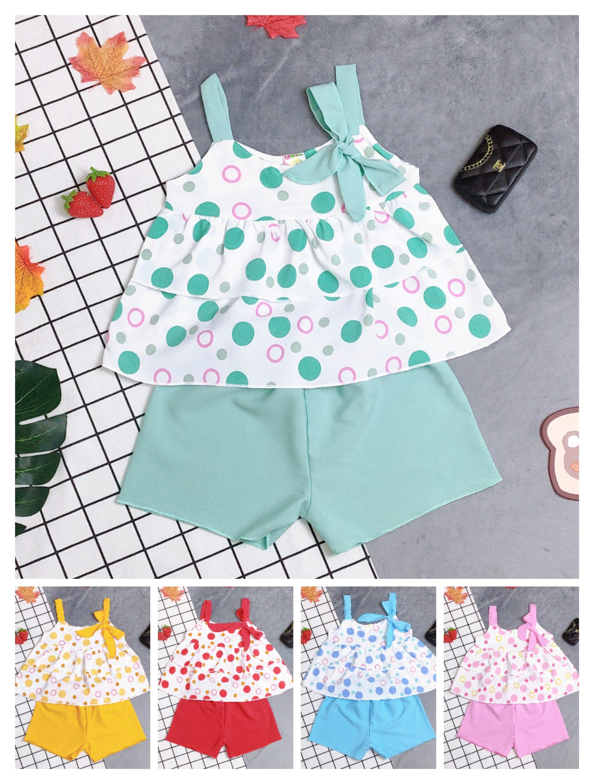 Bộ Lụa Tầng Hai Dây Phối Nơ Bé ( 6-18kg) (giao màu ngẫu nhiên)