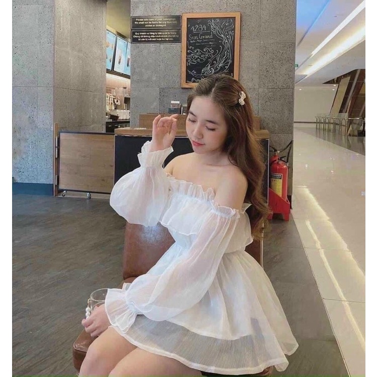 [HOÀN TIỀN ĐẾN 15%]áo trễ vai tay bồng vải Tơ lụa 2 lớp, áo babydoll nữ bánh bèo dài tay nhún ngực 2 màu