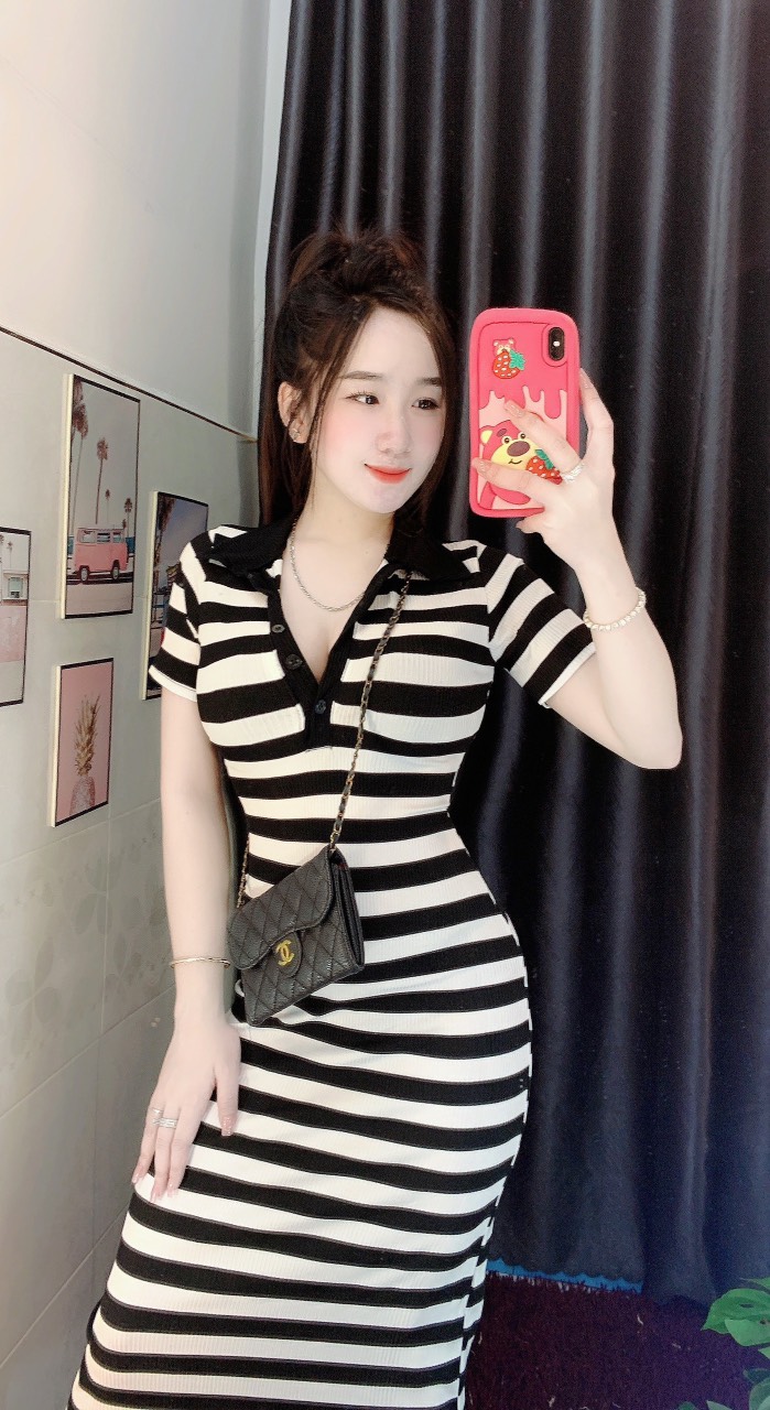 Đầm ôm dáng dài cổ trụ cài nút sang chảnh - Có 5 kiểu - YuRi Boutique - Đầm Maxi body sọc trắng đen