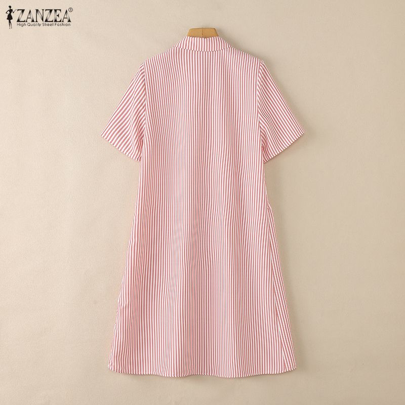 ZANZEA%20Korean%20Style%20Women%20Summer%20Lapel%20Solid%20Color%20Dresses%20Pleated%20Stripe%20Short%20Sleeve%20Knee%20Length%20Dress%20#0126%20-%20Image%207