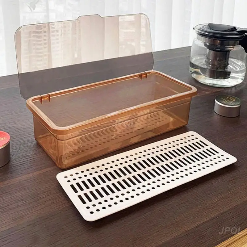 KS Tea set storage box double-layer desktop dust-proof storage box with lid kitchen chopstick storage box drain rack tray
