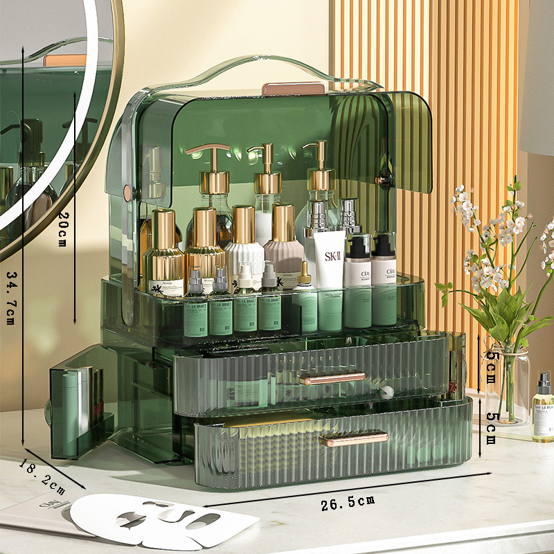 Transparent dustproof cosmetics storage box Desktop double open drawer type clamshell storage cabinet Large capacity storage rack
