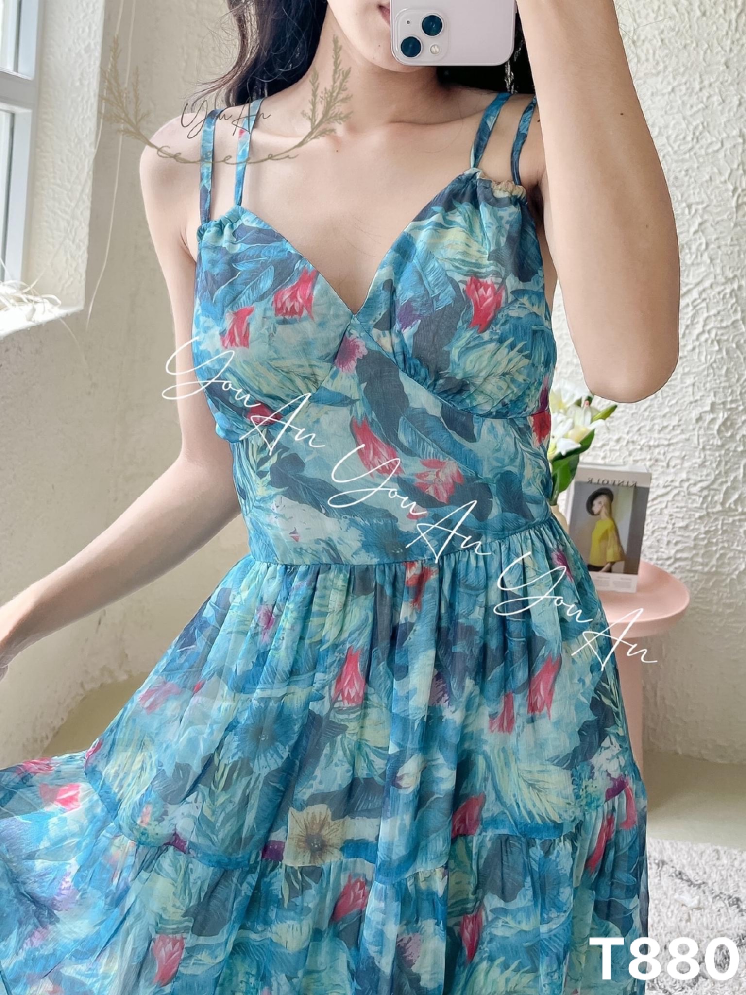 Maxi lụa nữ 2 dây đi biển voan hoa chingfon có mút T880