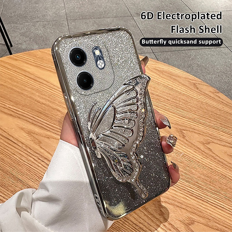 New Phone case infinix Smart 9 Back cover Diamonds butterfly holder shiny hourglass of quicksand transparent soft silicone For infinix Smart9 case.