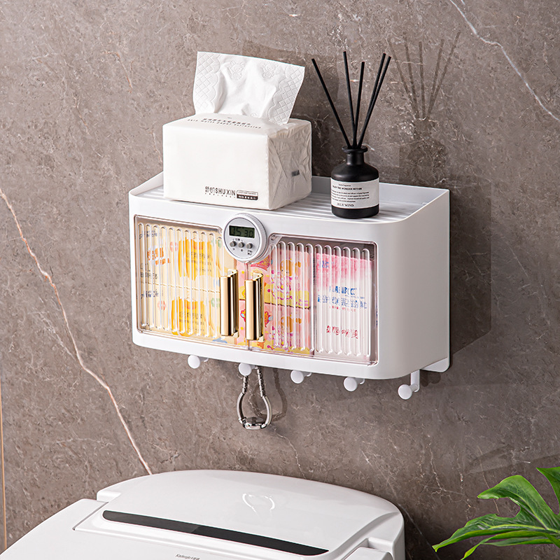 Bathroom shelves, wall-hung high-end wall, bathroom cabinets, tissue boxes, mask storage boxes, simple timing storage boxes,Plastic,Save space