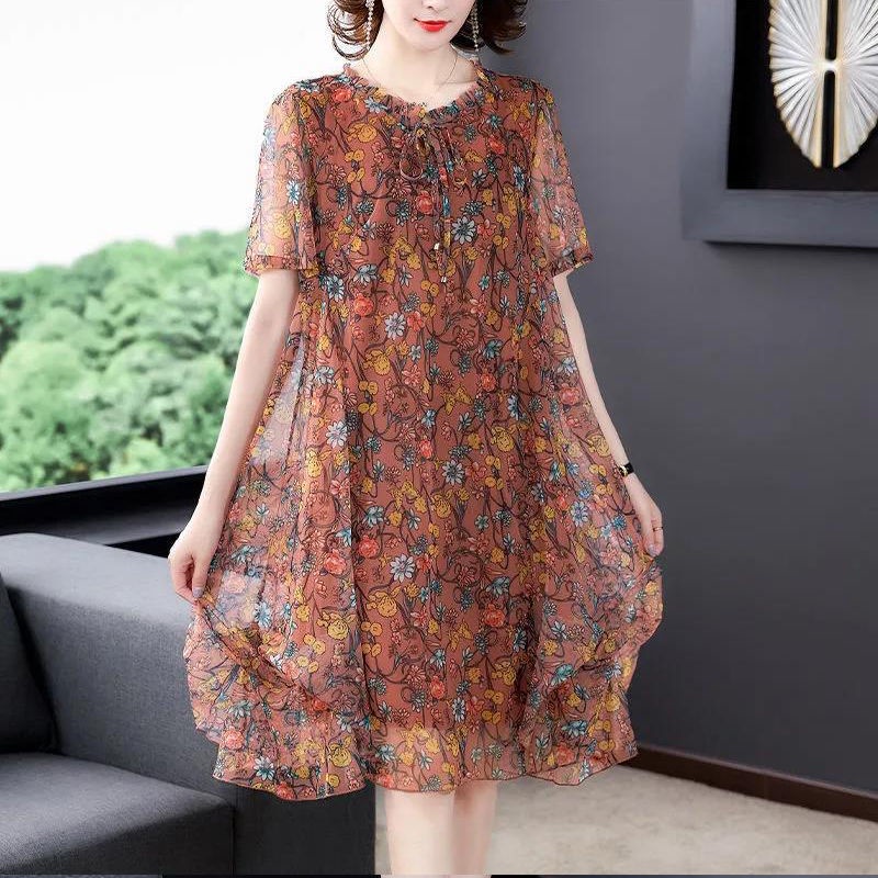 利Đầm trung niên Bigsize nữ Váy hoa nhí voan dáng suông tay ngắn cổ tròn mùa hè，Đầm trung niên sang trọng cho mẹ đẹp thời trang Cao Cấp