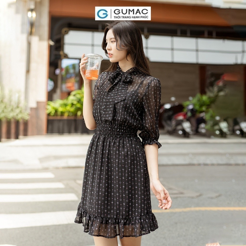 [15 - 17.6 |Voucher 8-15%] Đầm nữ bèo smocking eo thắt nơ cổ GUMAC DD05069