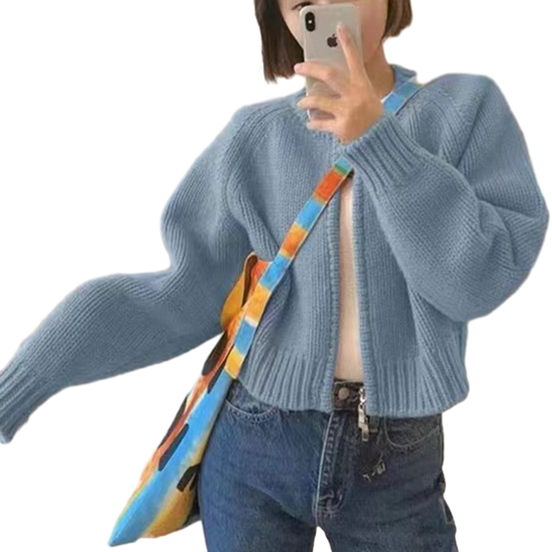 Lovely Oeak Short Sweater Coat Women's Zipper Cardigan Long Sleeve Knitted Top
