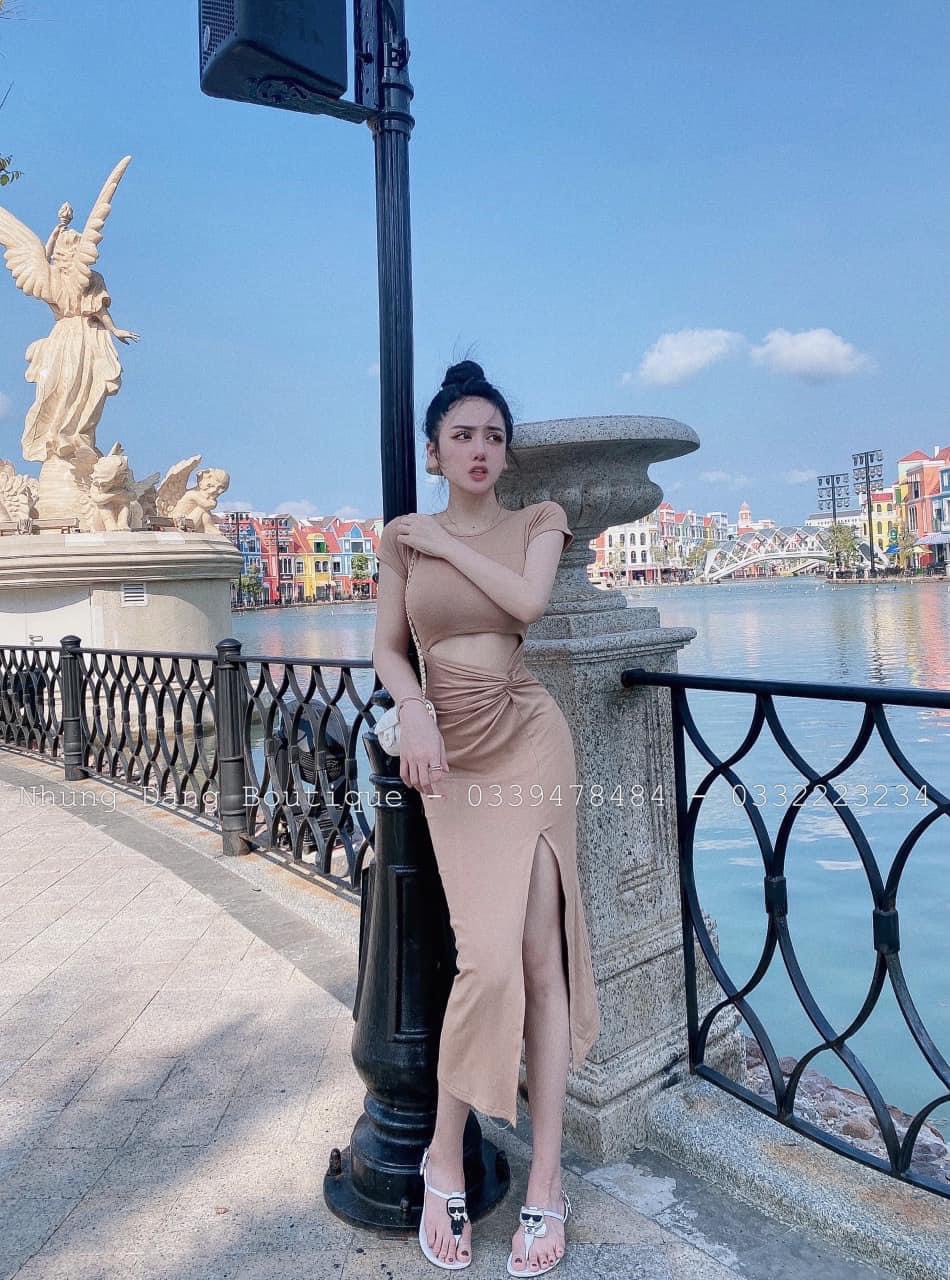 Đầm tay ngắn cổ tròn ôm body khoét hở eo nhúm bên xẻ tà cực xinh , chất thun gân mềm mịn