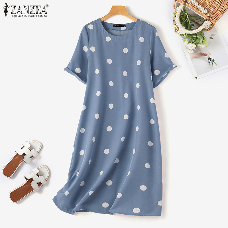 Momonaco zanzea women's dresses polka dots printed sundress casual loose dress short sleeve o-neck a-line dress #2