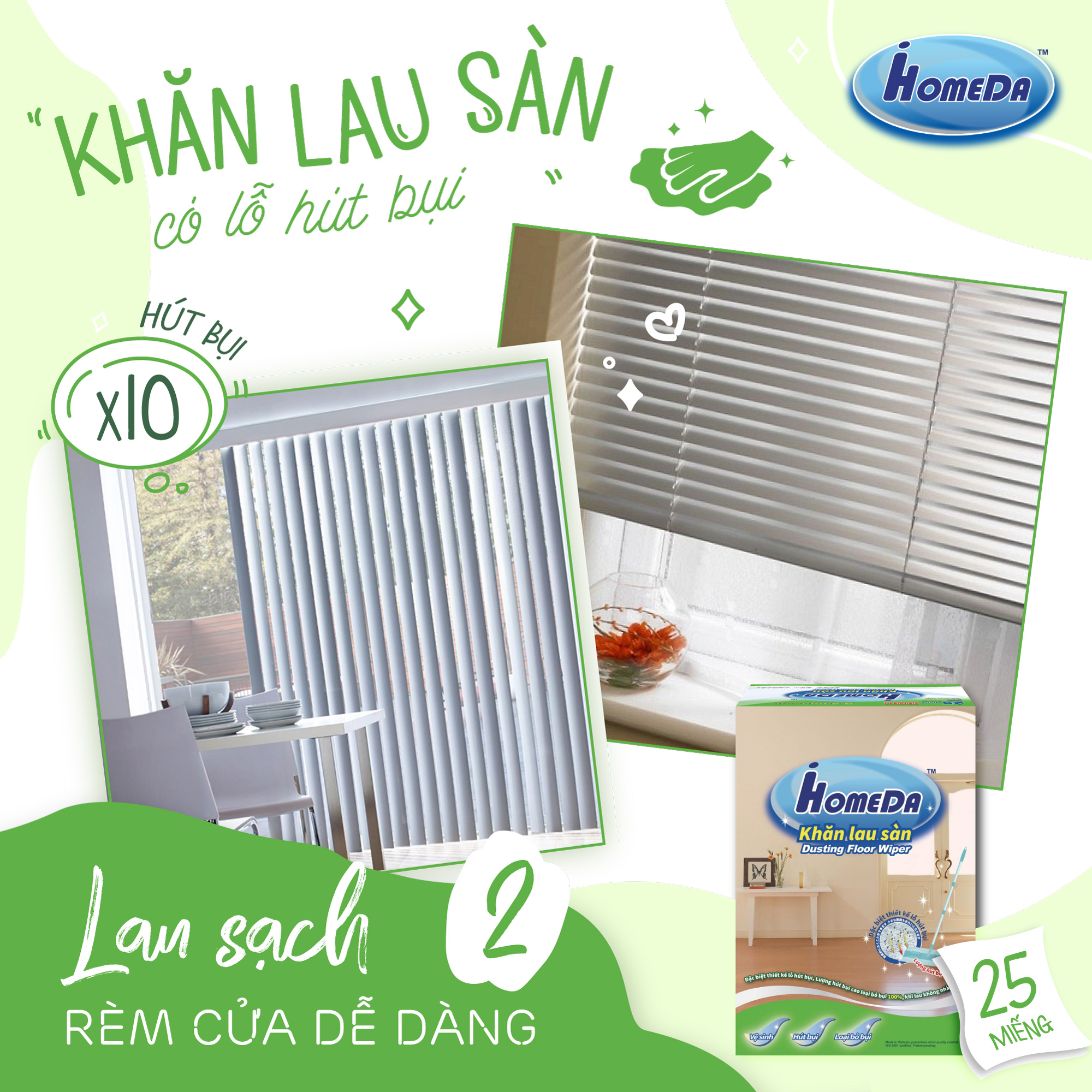 [MUA 4 TẶNG 1] Khăn Lau Sàn Hút Bụi iHomeDa (25 Khăn/ Hộp)