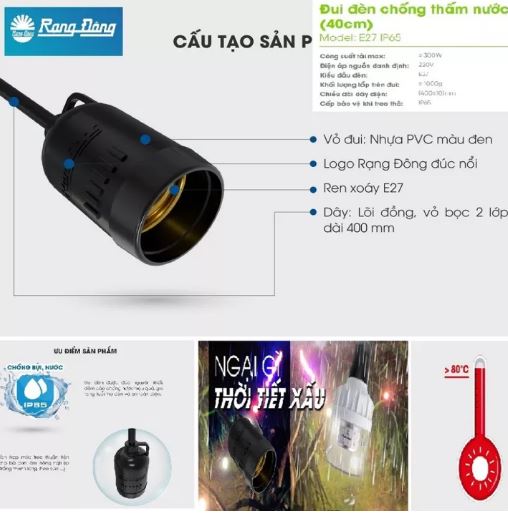 Đui đèn treo chống nước chính hãng rạng đông E27