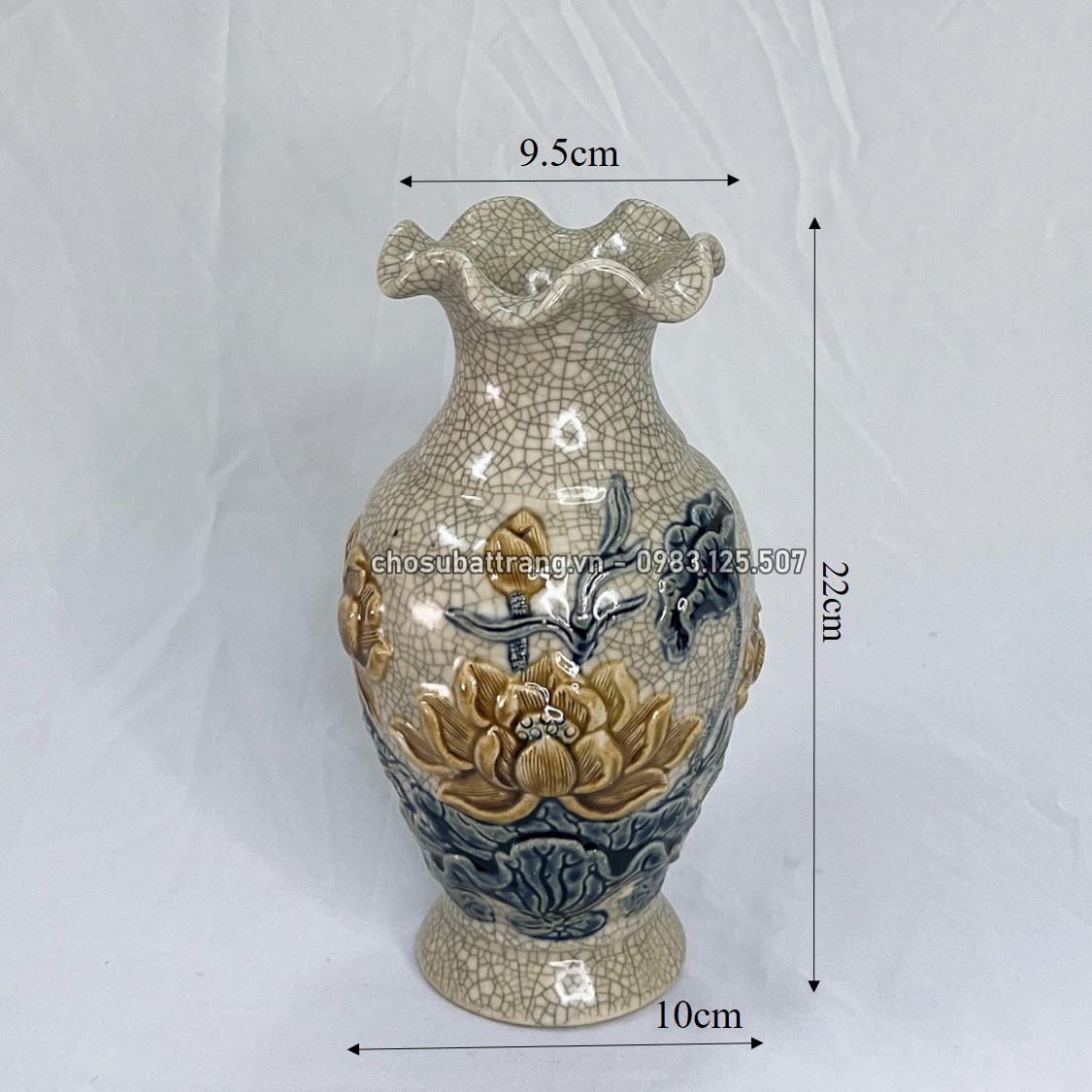 Bat Trang Worship Vase with Cracked Enamel Embossed with Lotus Flowers - Bat Trang Porcelain Market Altar Vase