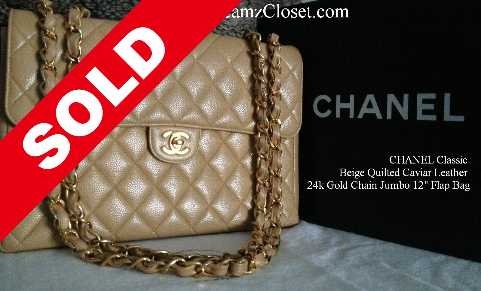 SOLD CHANEL Classic Beige Quilted Caviar Leather 24k Gold Chain