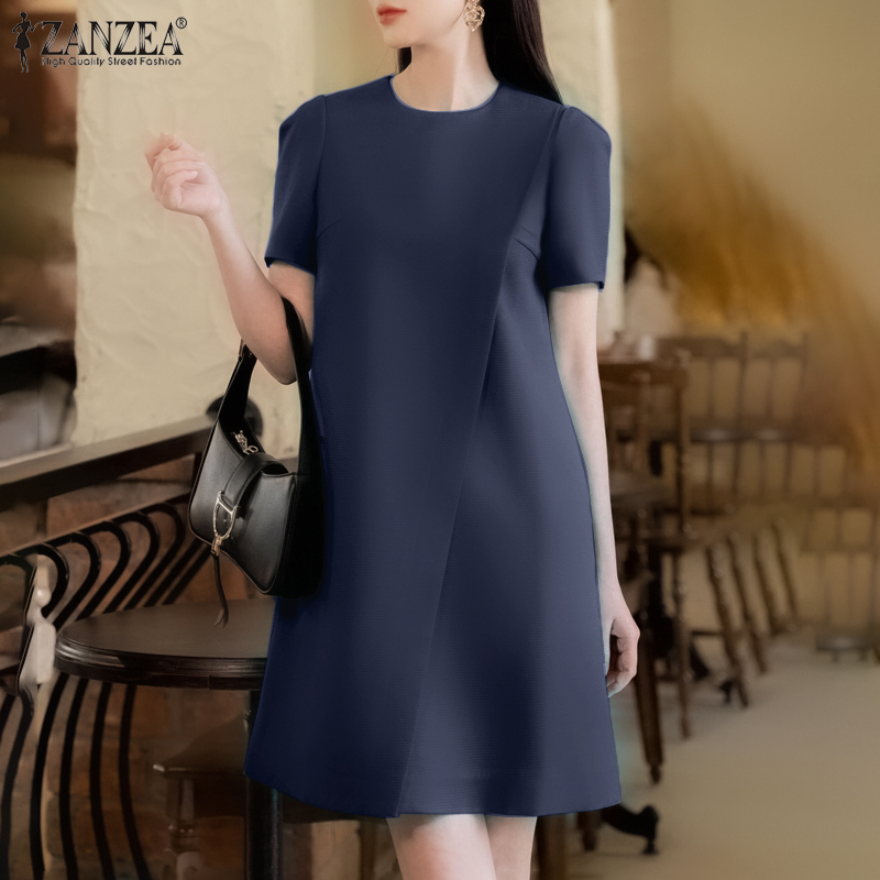 ZANZEA%20Korean%20Style%20Women's%20Dresses%20Elegant%20Puff%20Sleeve%20O-Neck%20Solid%20Color%20Party%20Mini%20Dresses%20-%20Image%202
