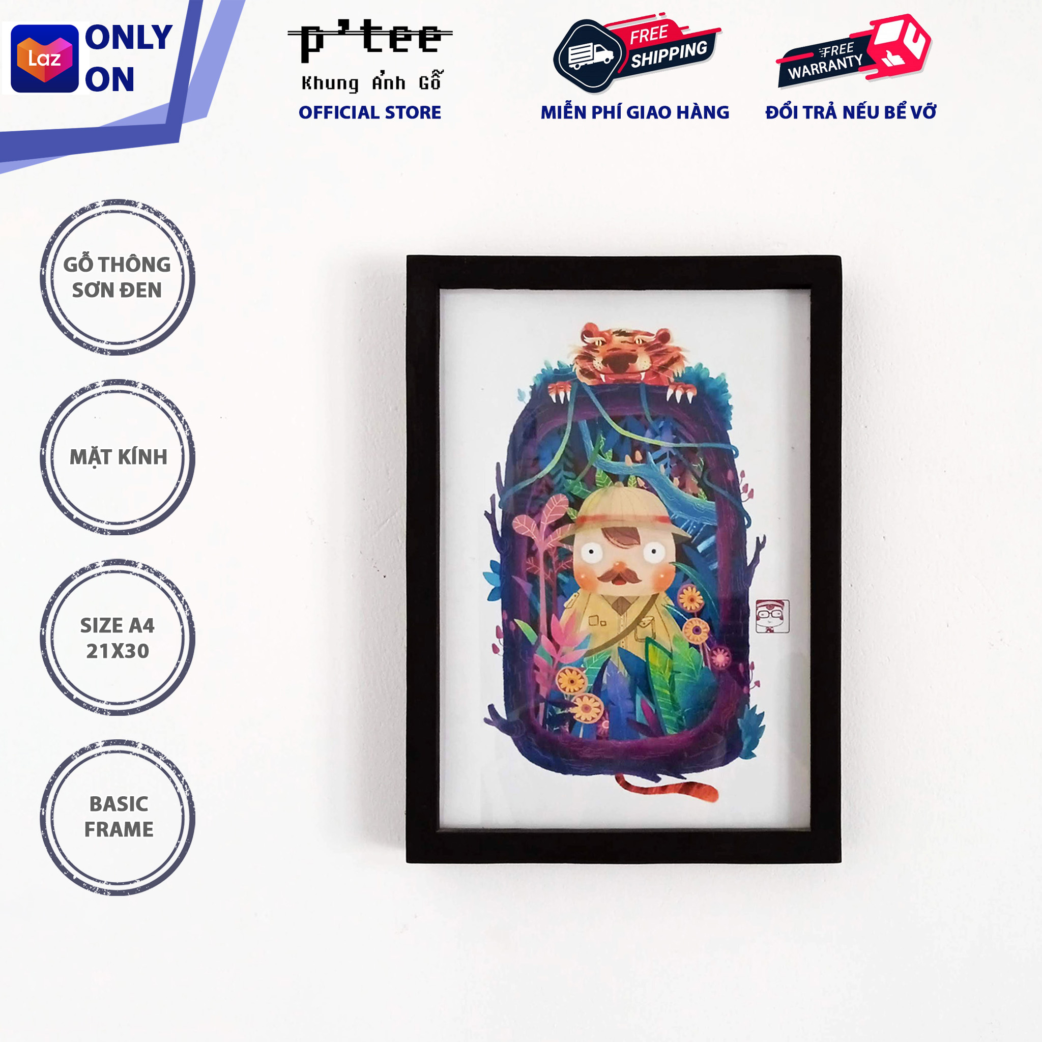 Photo Frame Wood Basic 21x30 A4 Black - Picture Frame Pinewood and Glass Wall Decoration - Wood Frame by P'Tee
