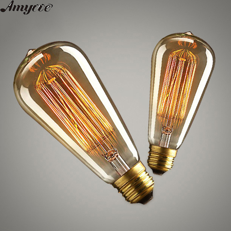 Amyove 40w 60w e27 220-240v edison led light bulb, retro yellow light w-filament bulb coffee house decor industrial style lamp
