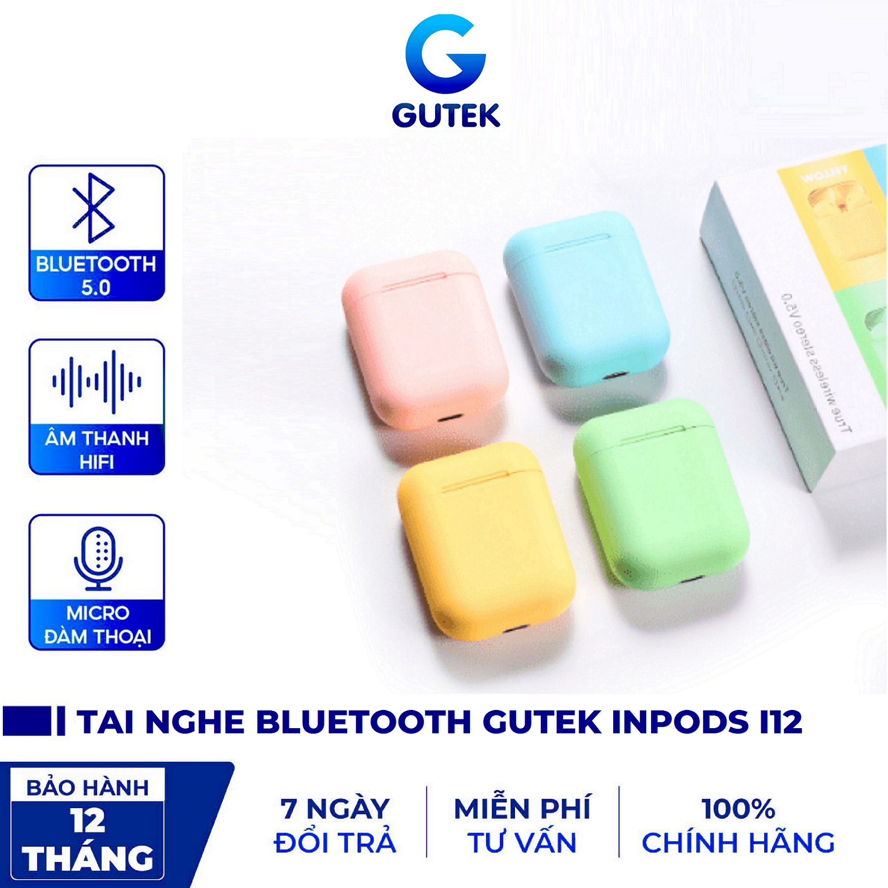 Tai Nghe Bluetooth Không Dây Nhét Tai Gutek Inpods I12 V5.0 Có Mic Đàm Thoại Nút Cảm Ứng Âm Thanh HIFI