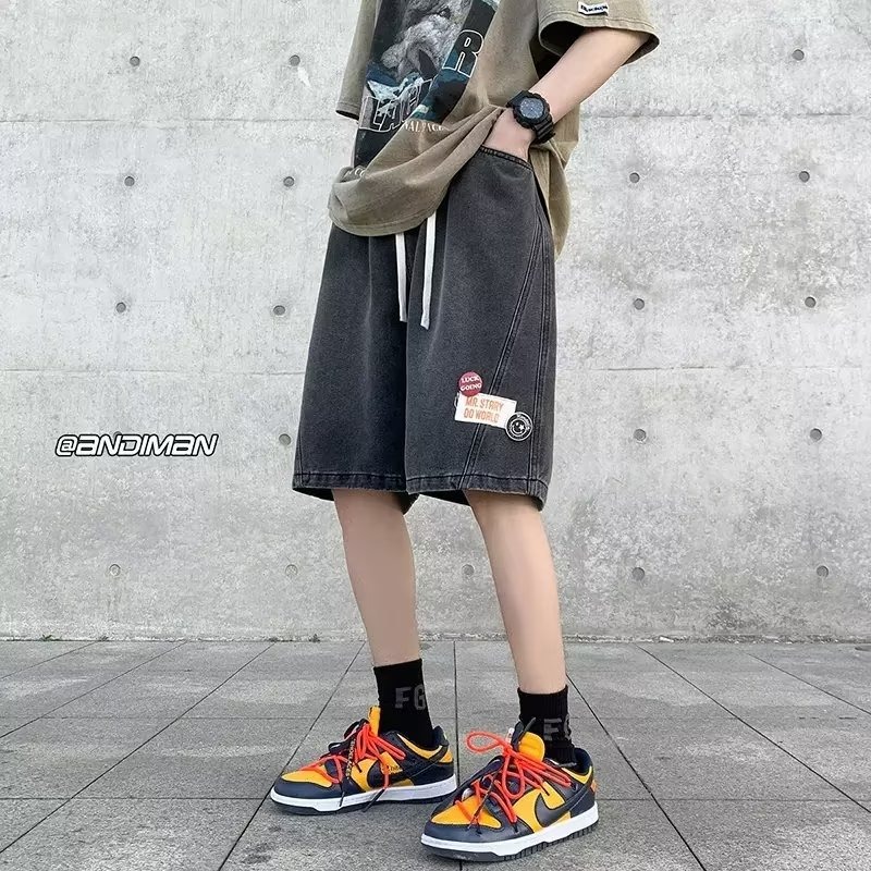 EERSHENSHI Men's loose straight lazy trendy simple summer tethered men's washed jeans trendy new youth popular three-quarter pants