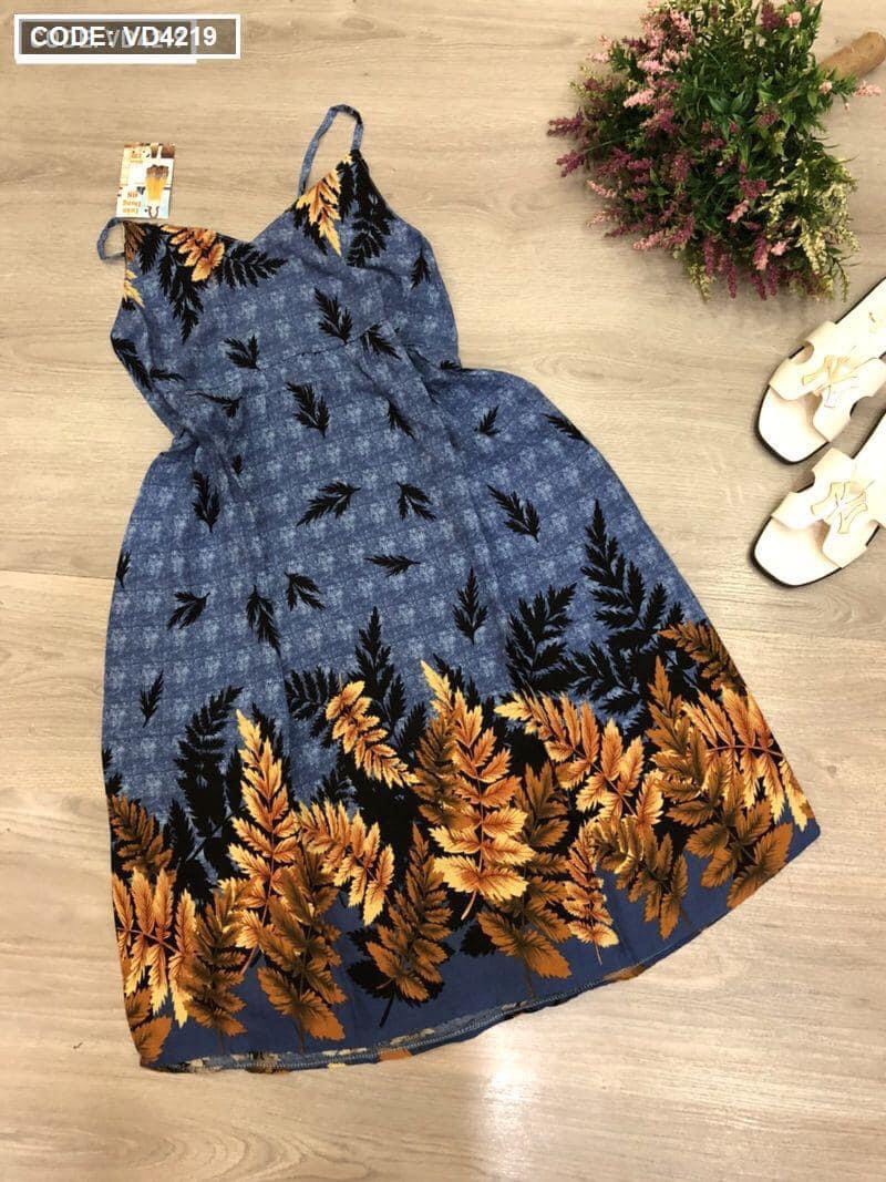 VÁY 2 Dây Vải Lanh (Tole) Hoa  – Đầm Dáng Xòe