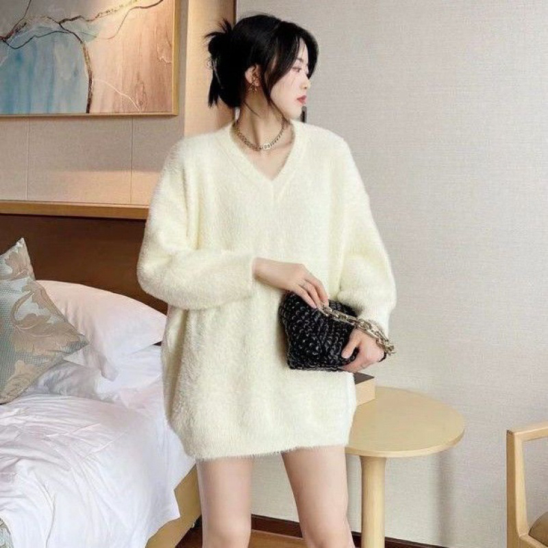 Áo Len Lông Thỏ Cổ V Dáng Rộng Chùm Mông