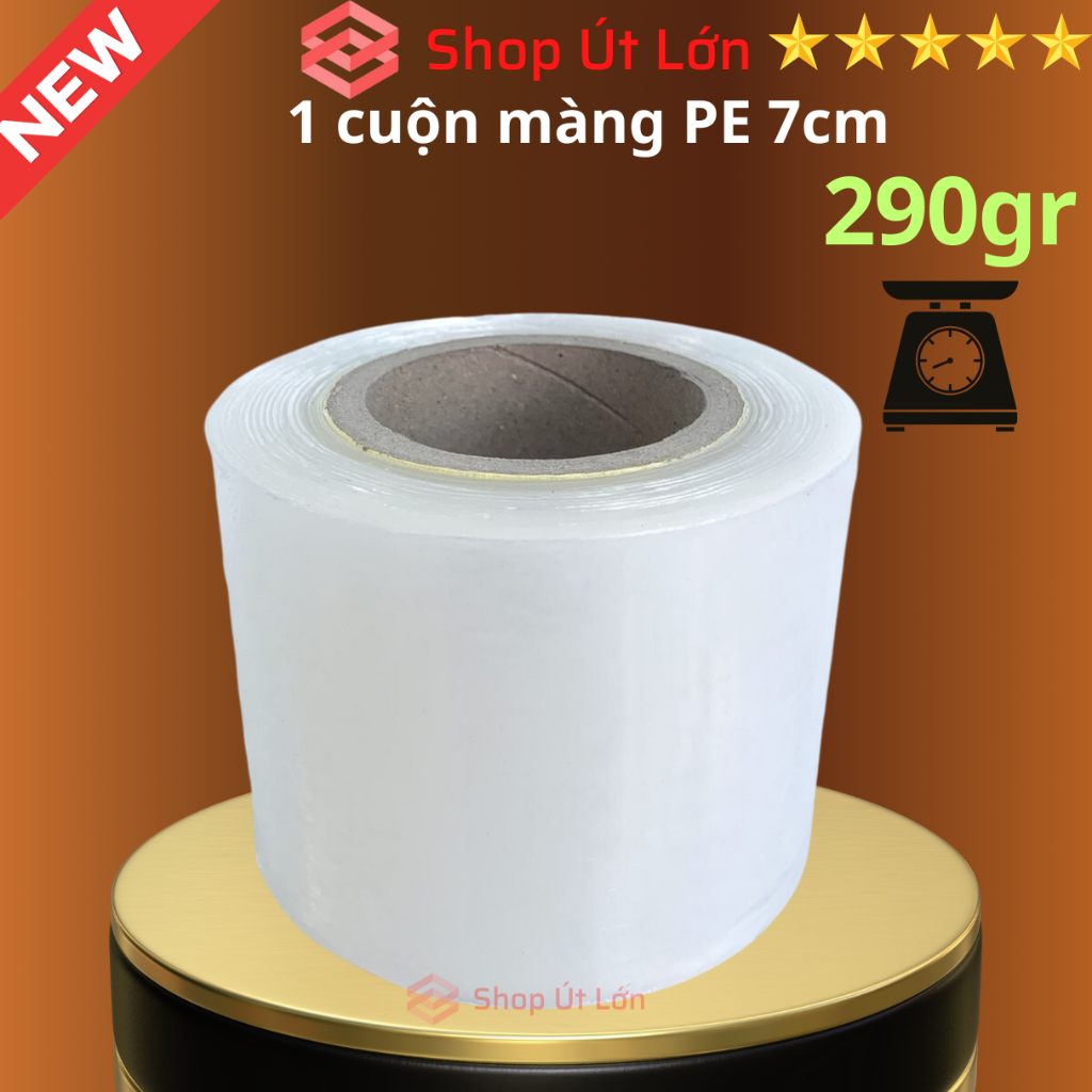 Cuộn màng pe trong 7cm, nặng 290gram, rộng 7cm, độ dầy màng 16 - 17 míc