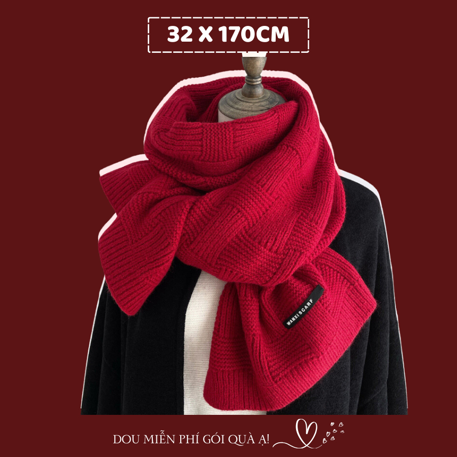 Khăn len quàng cổ unisex nam nữ dày ấm, Khăn cashmere dệt kim tone đỏ giáng sinh thời trang thu đông - Mã LN100
