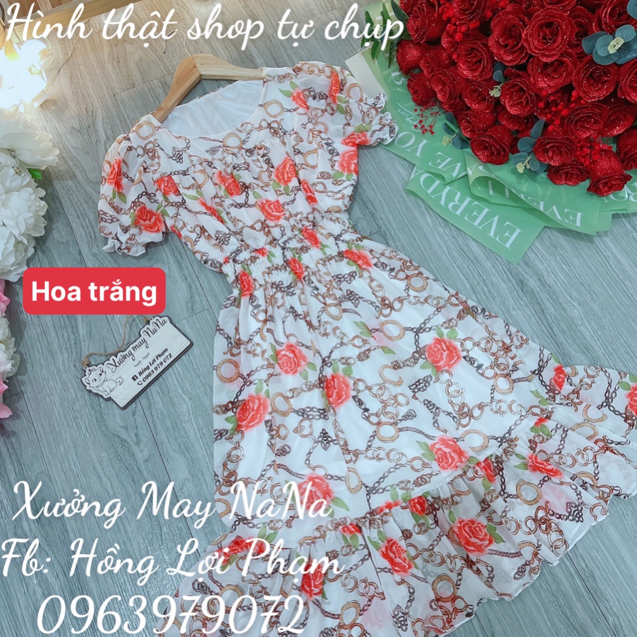 Đầm hoa nhí tay phồng đuôi cá (hình thật+video)