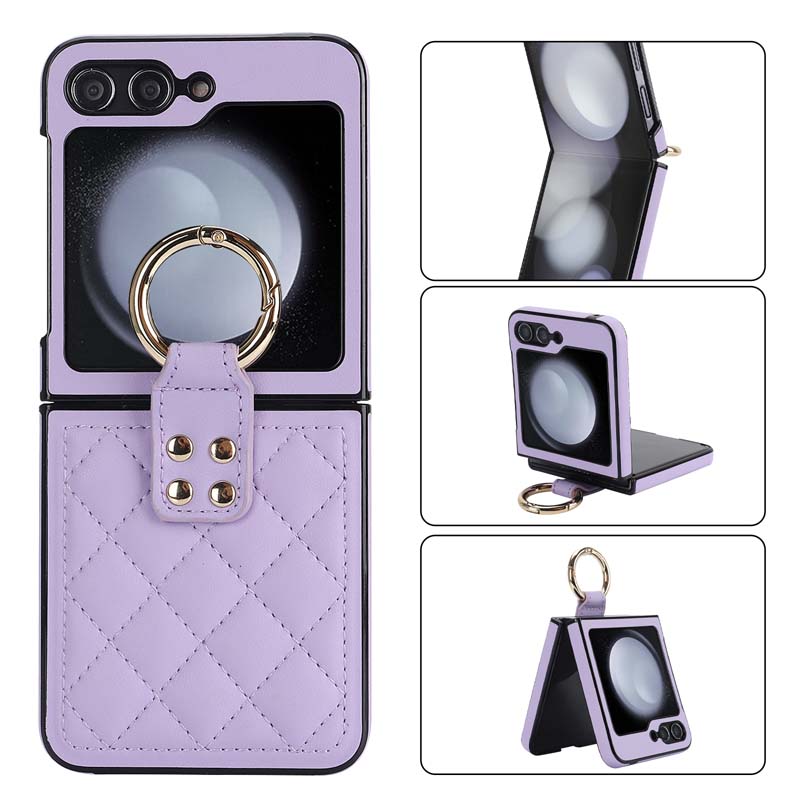 For samsung z flip 6 case with ring, luxury soft rhomboid pu leather + hard pc ultra thin slim durable shockproof protective cover for galaxy z flip 5 case, z flip 4 case, z flip 3 case