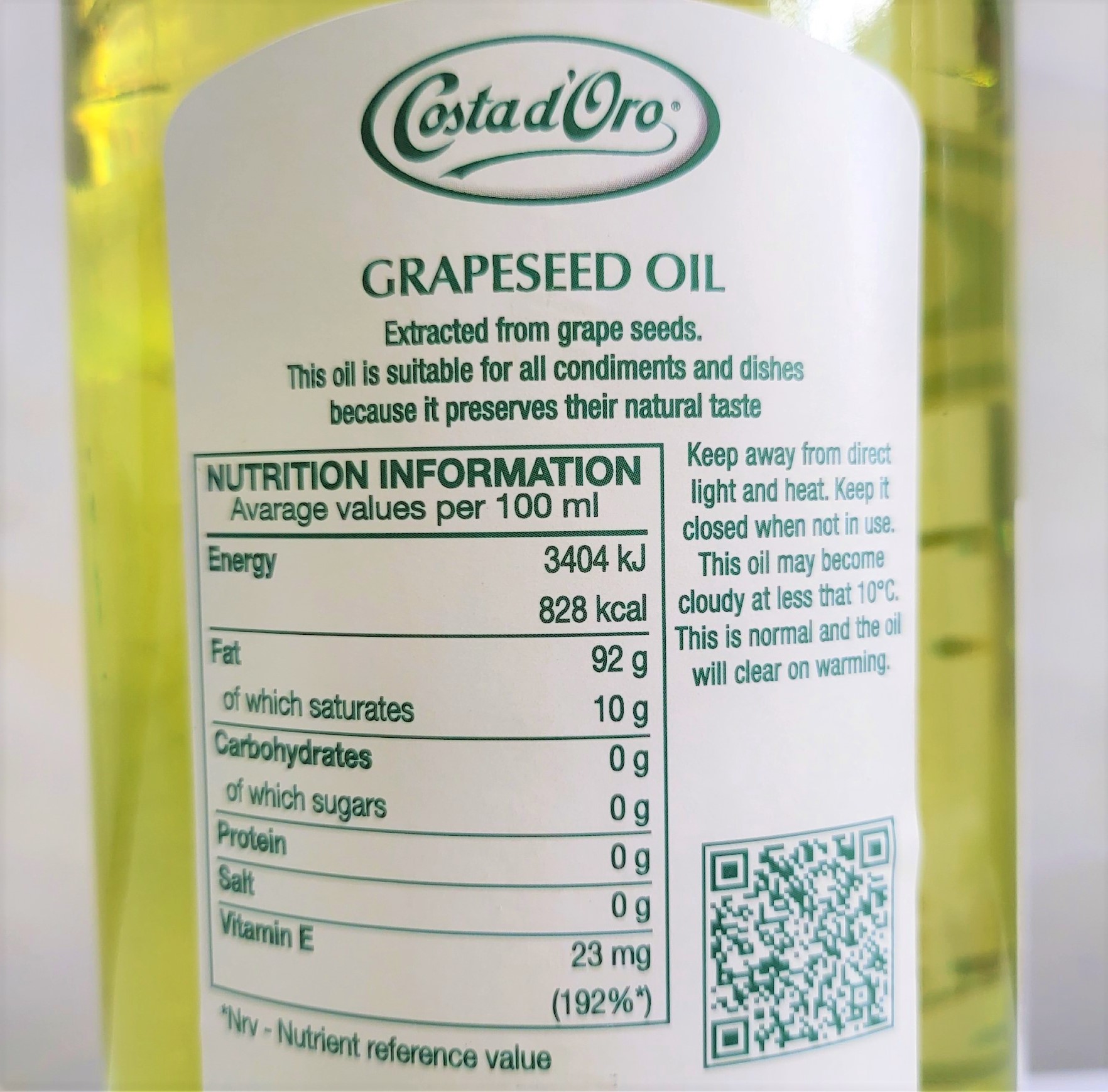 [Chai 1 Lít] DẦU HẠT NHO [Italia] COSTA D’ORO Grapeseed Oil