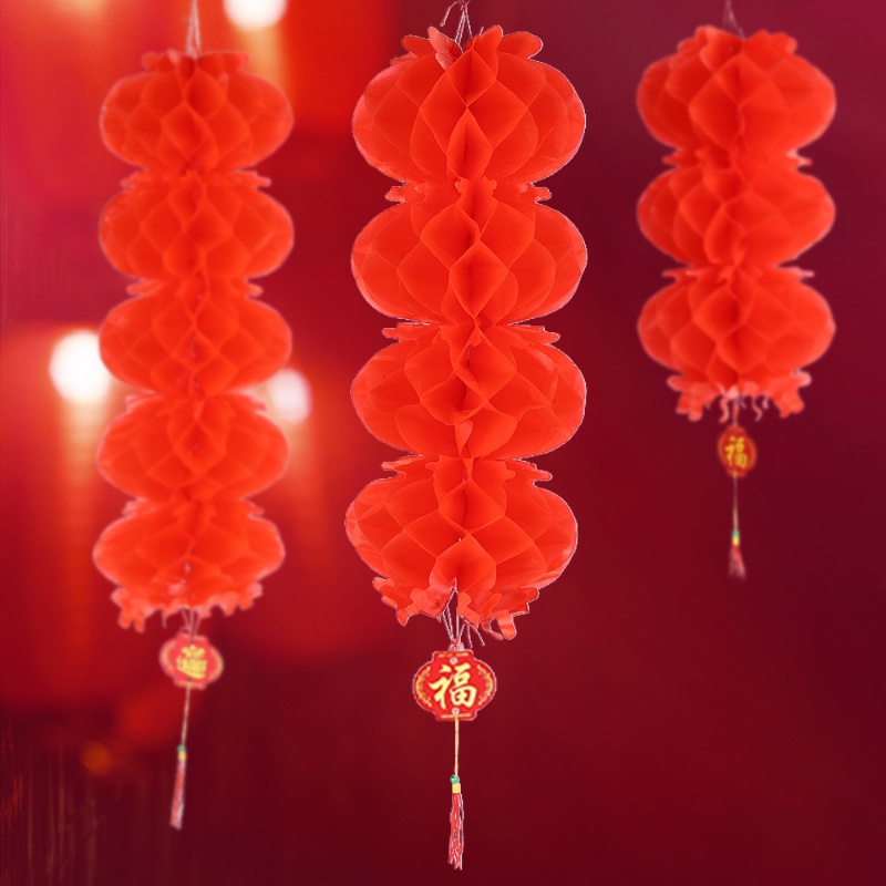 Foldable Waterproof Paper Hanging Lanterns String Luck Paper Lanterns Chinese New Year Spring Festival Party Home Decoration