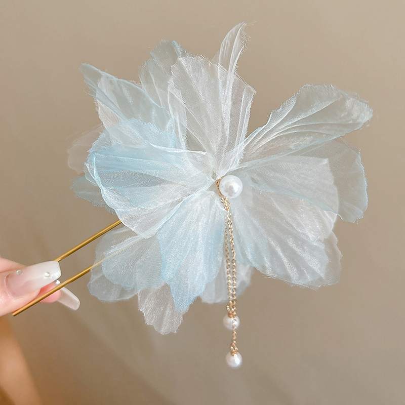 Flower Hairpin Women's Antique Chiffon Hairpin Hair Accessory Temperament Pearl Tassel U-shaped Hairpin Hanfu Headwear