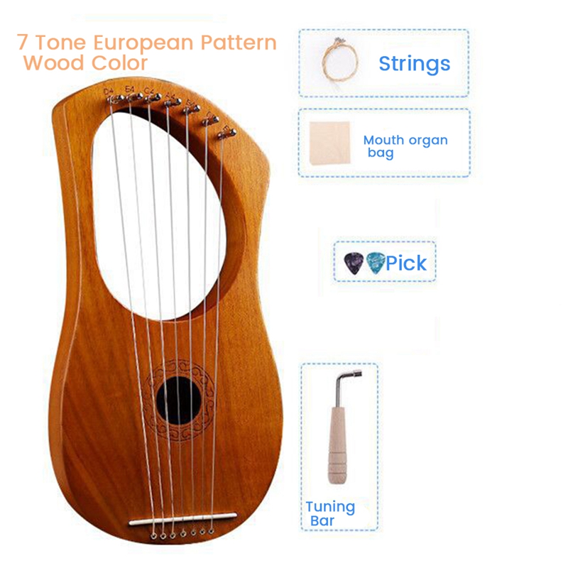 7 String Lyre Harp Wood String Instrument with Carry Bag Extra String Set and Accessaries Style